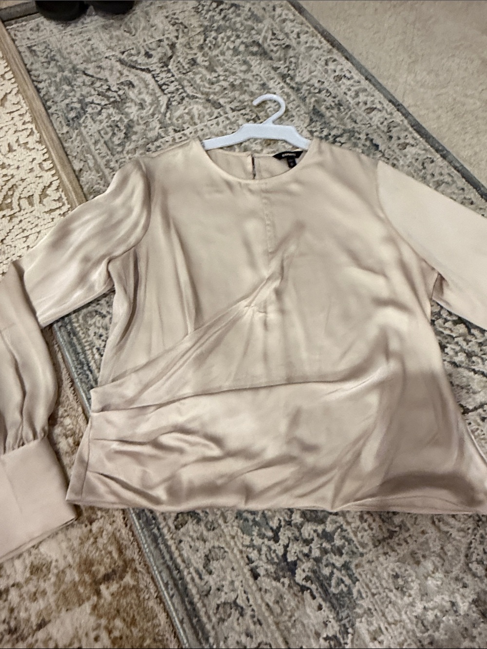 Express Satin Long-Sleeve Blouse in Light Beige